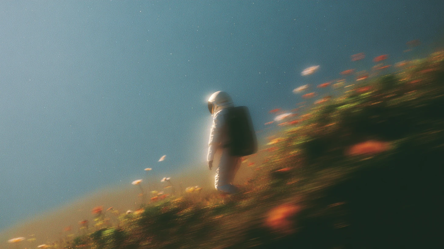 Astronaut walking on a surreal landscape
